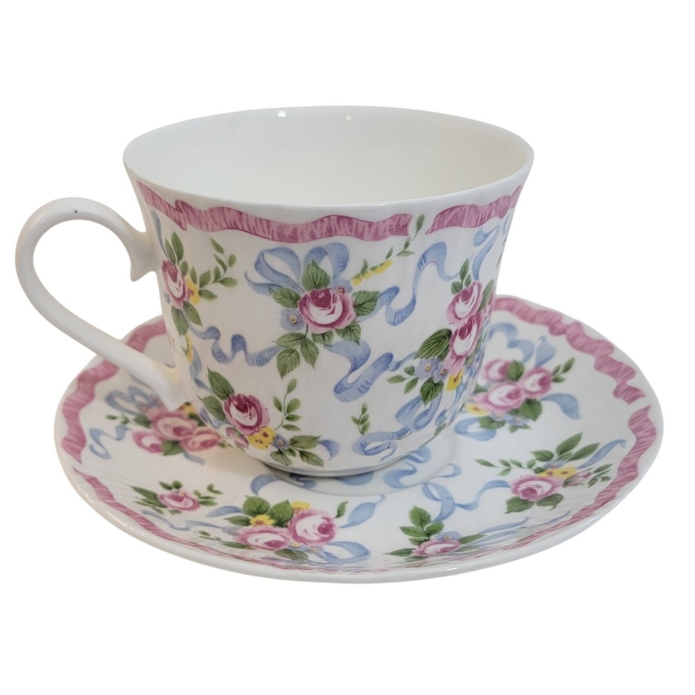 Roy Kirkham Trousseau Fine Bone China Tea Cup and Saucer Set Floral Rose England